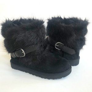 UGG CLASSIC BUCKLE MINI BLACK FAUX FUR SHEARLING LINED BOOT US 6 / EU 37 / UK 4